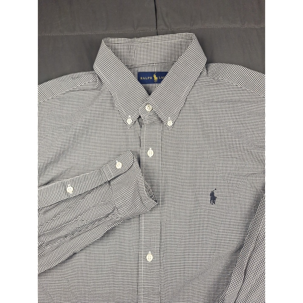 Polo Ralph Lauren Button Front Large Shirt‎ Black White Gingham Check Preppy